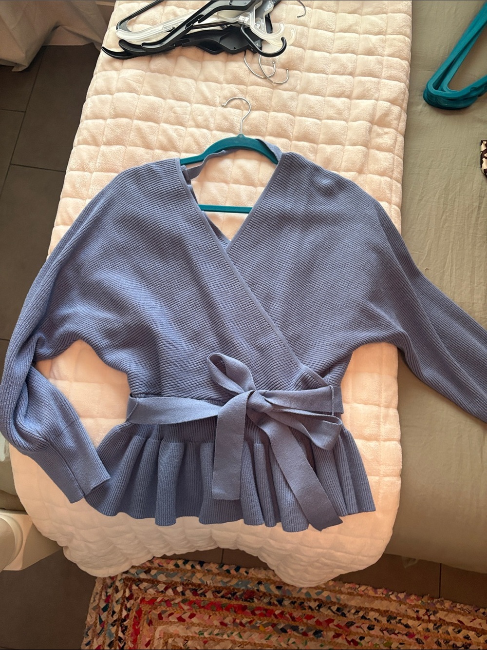 Wrap-Front Ribbed Peplum Sweater in Lavender Blue